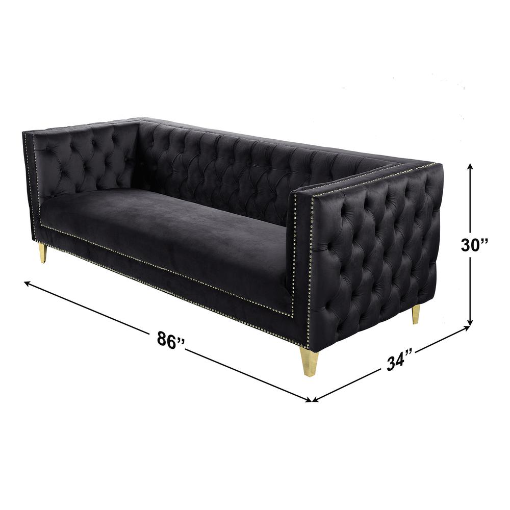Luxe Velvet Sofa with Gold Legs, Gold Nail head Trim and Button-Tufted Design. Picture 13