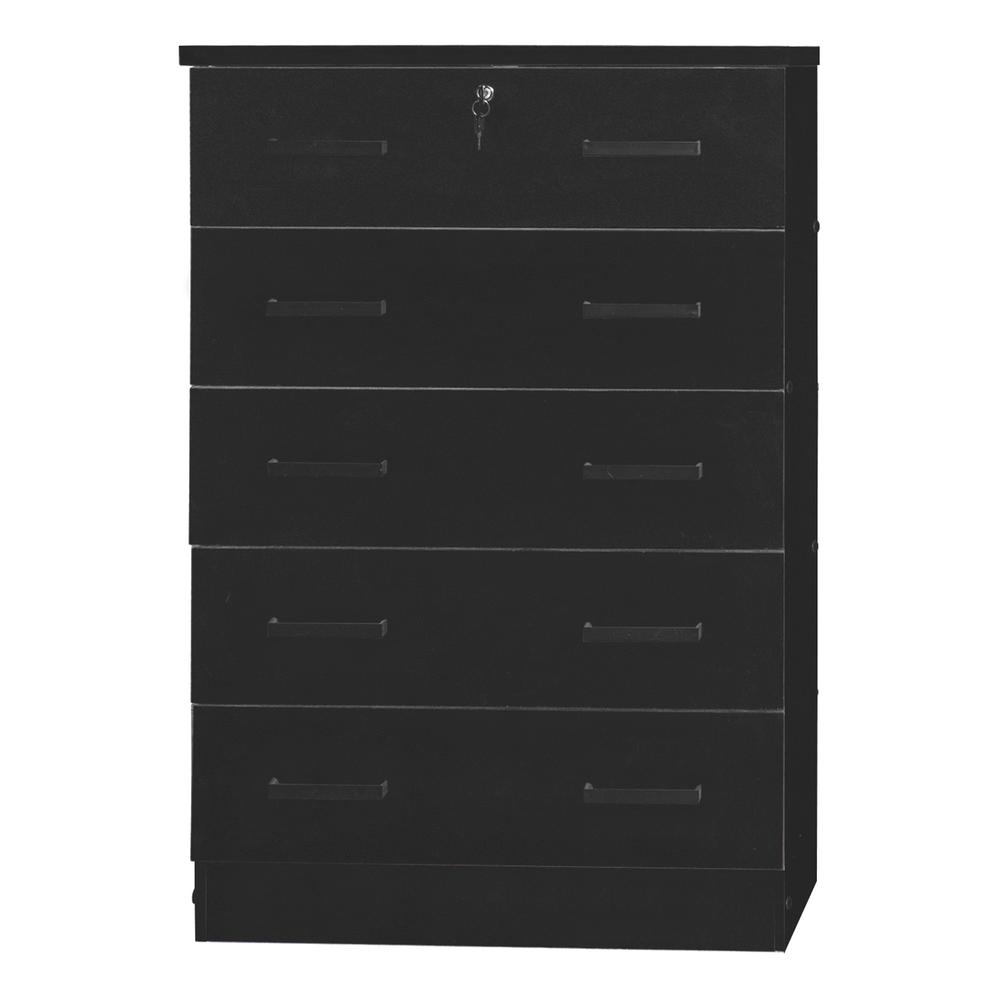 Better Home Products Cindy 5 Drawer Chest Wooden Dresser with Lock in Black. Picture 2
