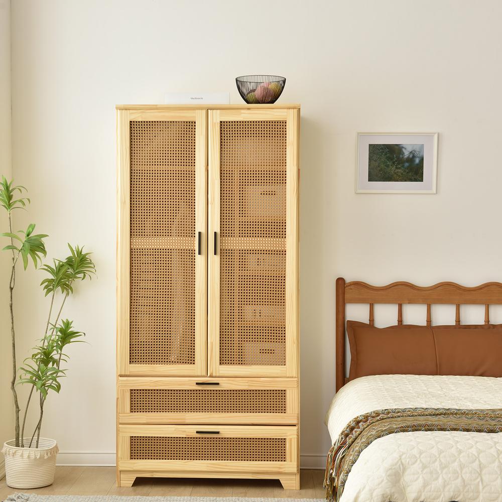 Stylish Pine Wood Closet with Rattan Doors and Two Drawers for Easy Access. Picture 20