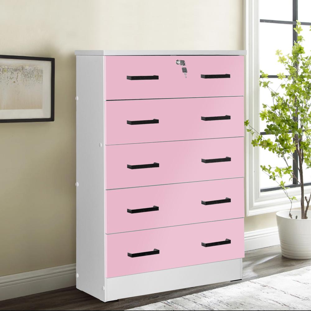Better Home Products Cindy 5 Drawer Chest Wooden Dresser with Lock in Pink. Picture 7