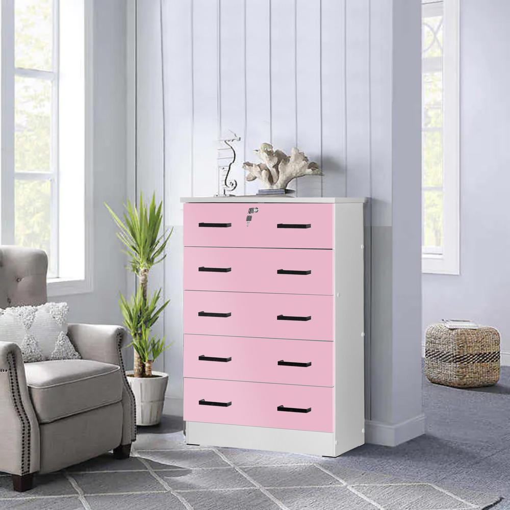 Better Home Products Cindy 5 Drawer Chest Wooden Dresser with Lock in Pink. Picture 14