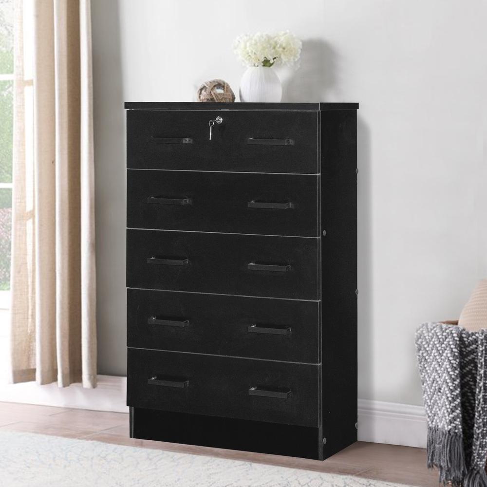 Better Home Products Cindy 5 Drawer Chest Wooden Dresser with Lock in Black. Picture 6