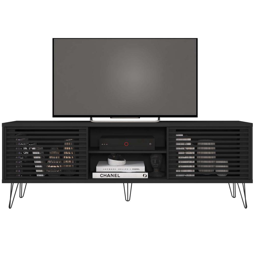 Better Home Products Frizz Mid-Century Modern TV Stand for up to 70 Inches TV in Black / Easy Assembly. Picture 1