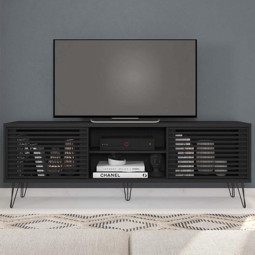 Better Home Products Frizz Mid-Century Modern TV Stand for up to 70 Inches TV in Black / Easy Assembly. Picture 5