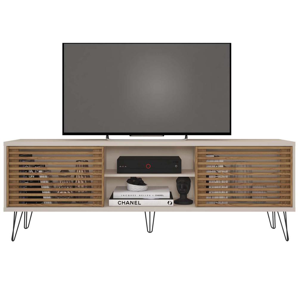 Frizz Mid-Century Modern TV Stand White and Natural Oak. Picture 2