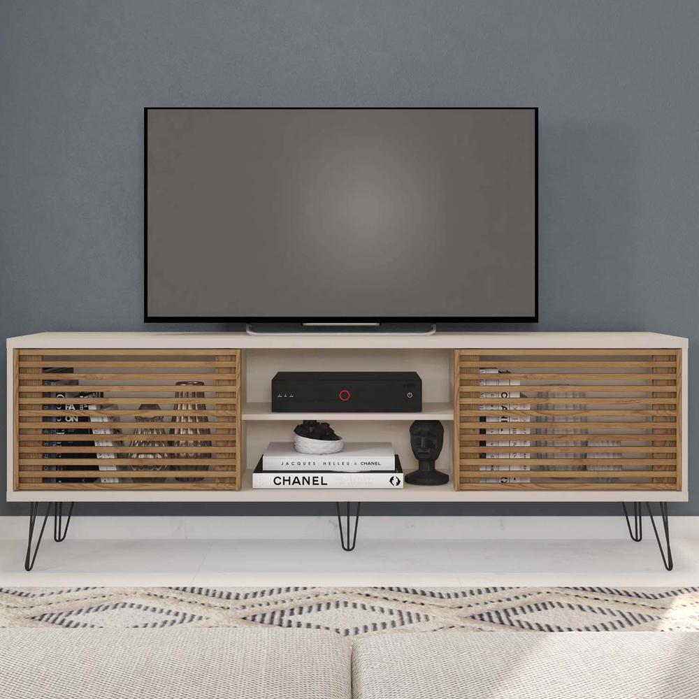 Frizz Mid-Century Modern TV Stand White and Natural Oak. Picture 5