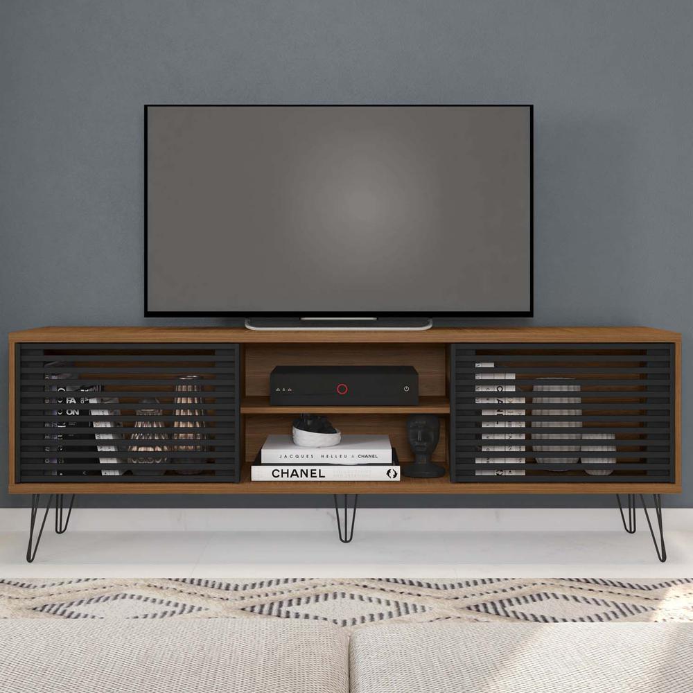 Better Home Products Frizz Mid-Century Modern TV Stand for up to 70 Inches TV in Dark Walnut and Black / Easy Assembly. Picture 5