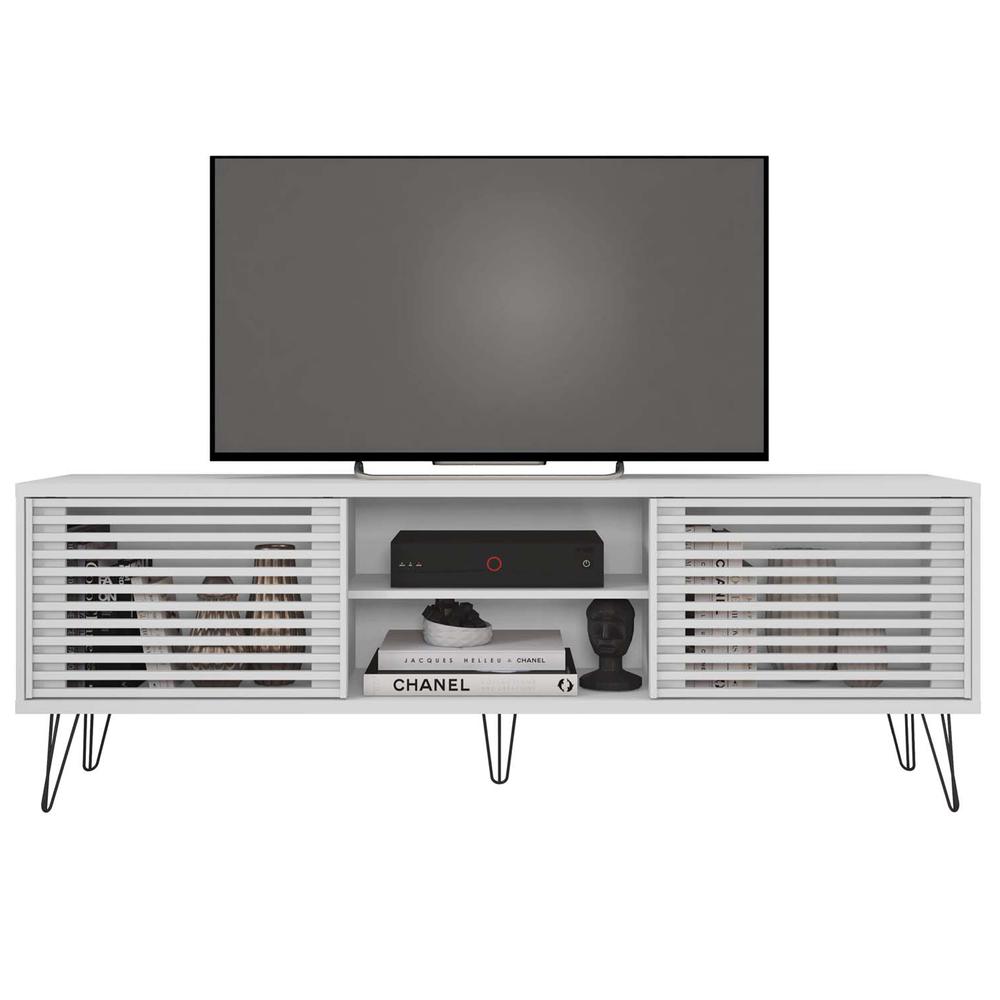 Better Home Products Frizz Mid-Century Modern TV Stand for up to 70 Inches TV in White / Easy Assembly. Picture 1