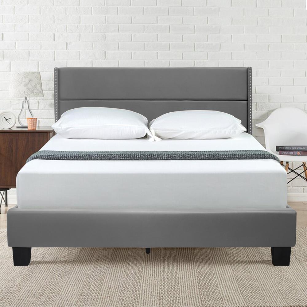 Better Home Products Giulia Queen Gray Faux Leather Upholstered Platform Bed. Picture 4