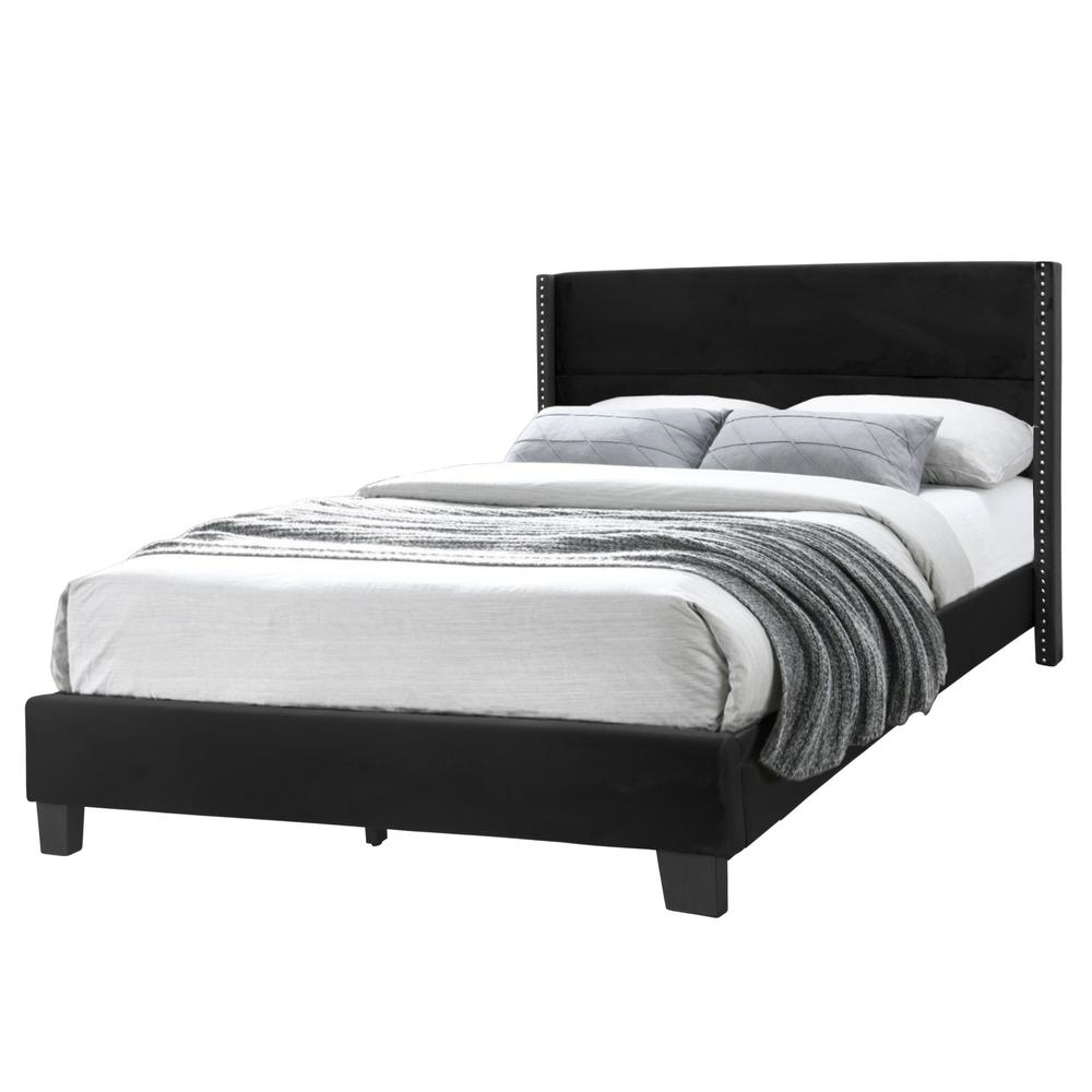 Better Home Products Giulia Queen Black Velvet Upholstered Platform Panel Bed. Picture 1