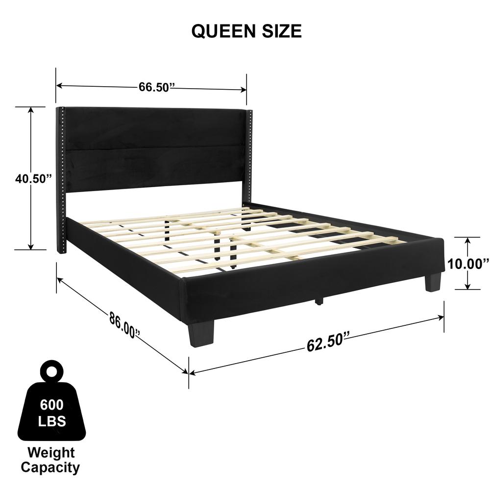 Better Home Products Giulia Queen Black Velvet Upholstered Platform Panel Bed. Picture 9