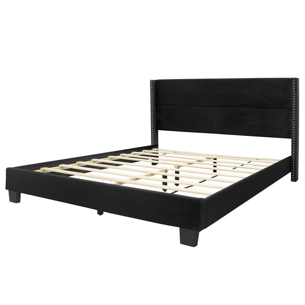 Better Home Products Giulia Queen Black Velvet Upholstered Platform Panel Bed. Picture 3