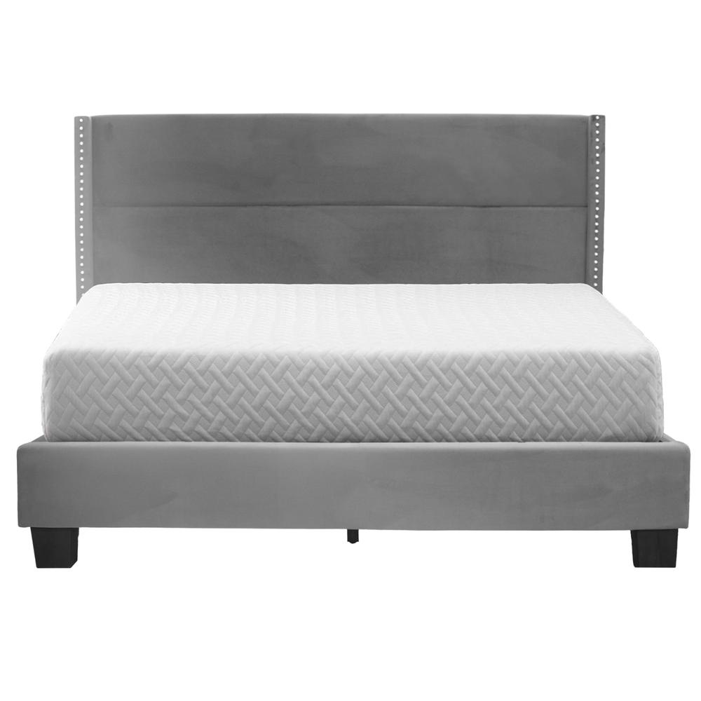 Better Home Products Giulia Queen Gray Velvet Upholstered Platform Panel Bed. Picture 3