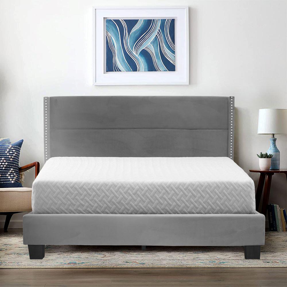 Better Home Products Giulia Queen Gray Velvet Upholstered Platform Panel Bed. Picture 4