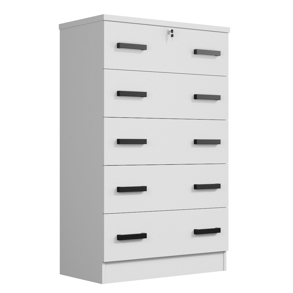 Cindy 5 Drawer Chest Wooden Dresser with Lock (White). Picture 1