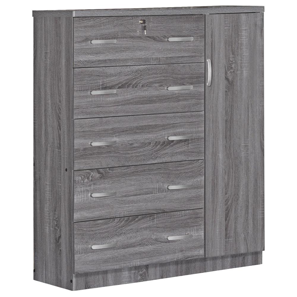 Better Home Products JCF Sofie 5 Drawer Wooden Tall Chest Wardrobe in Gray. Picture 1