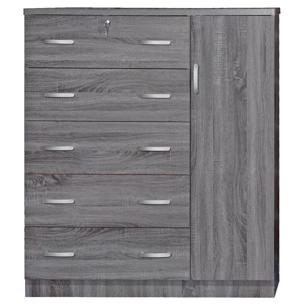 Better Home Products JCF Sofie 5 Drawer Wooden Tall Chest Wardrobe in Gray. Picture 2