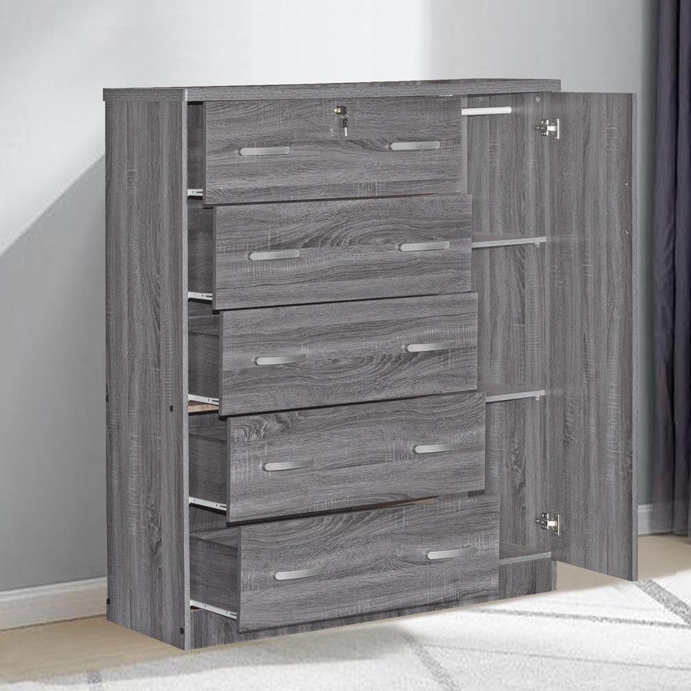 Better Home Products JCF Sofie 5 Drawer Wooden Tall Chest Wardrobe in Gray. Picture 7