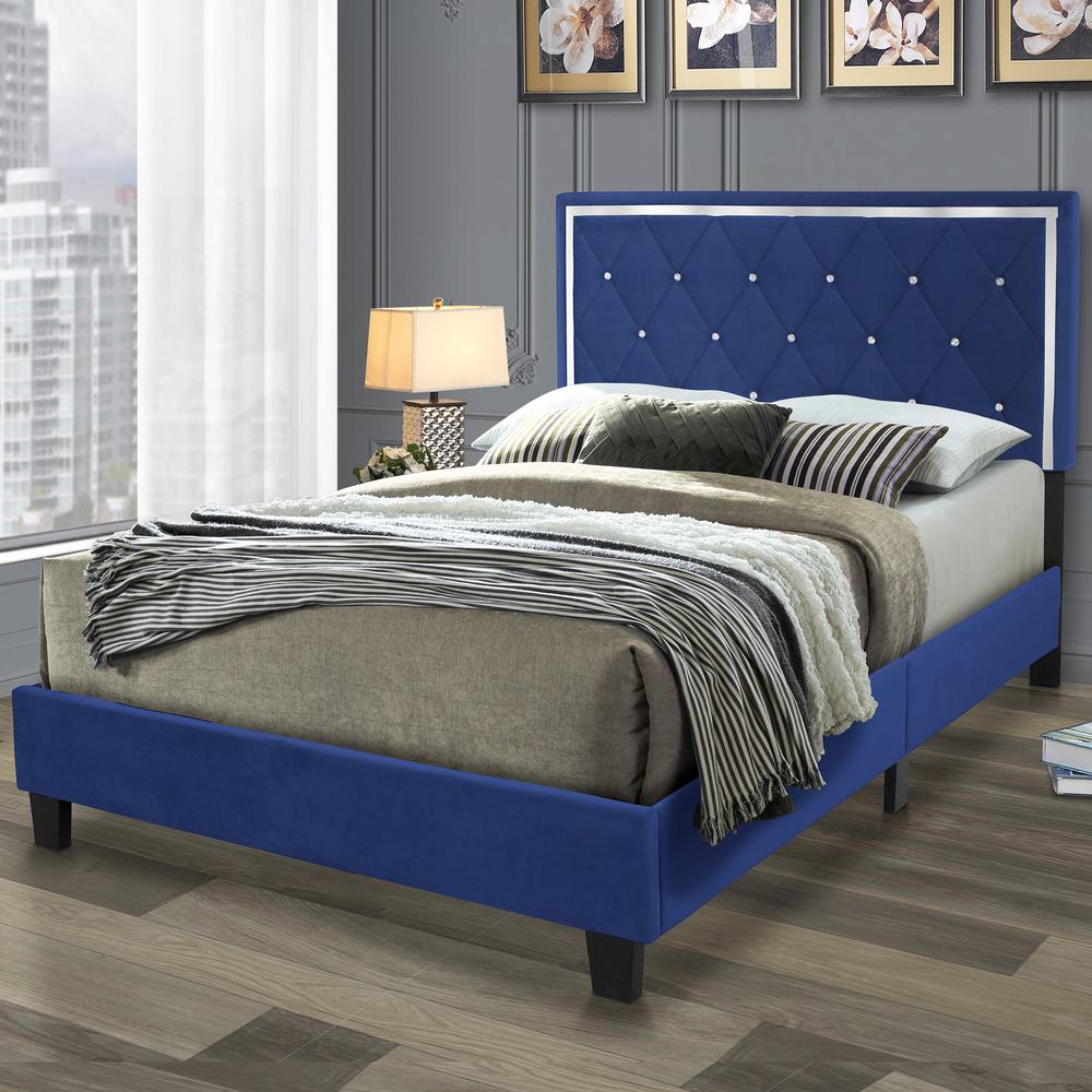 Better Home Products Monica Velvet Upholstered Full Platform Bed in Blue. Picture 3