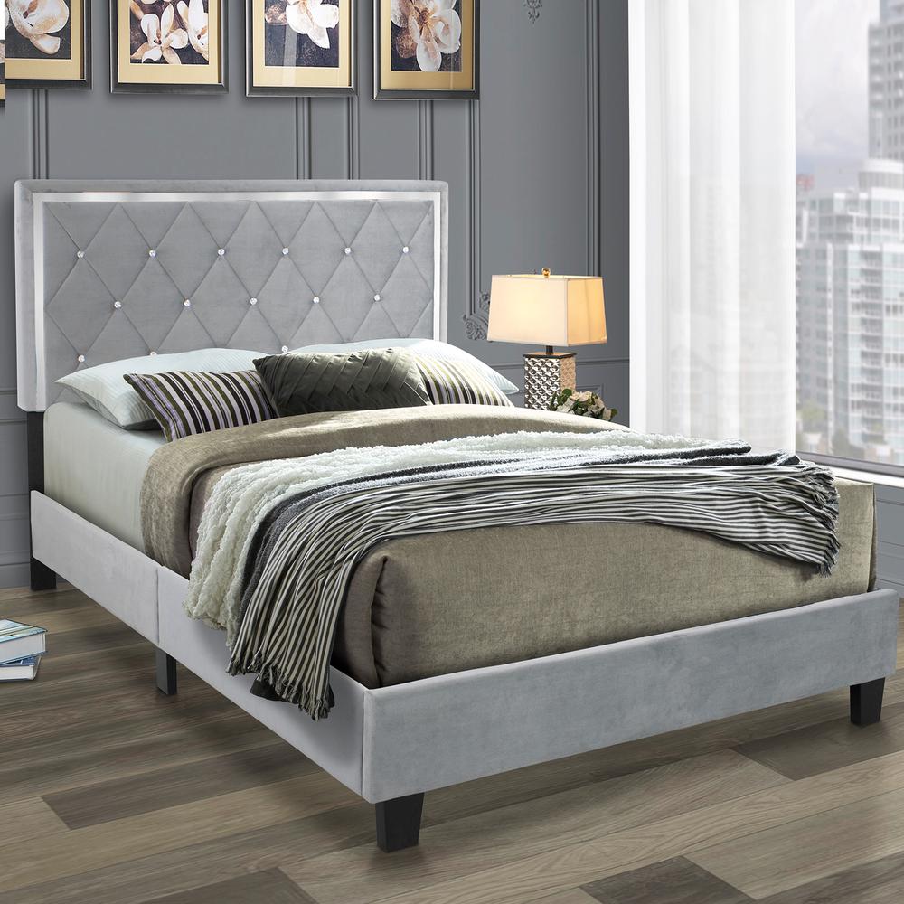 Better Home Products Monica Velvet Upholstered Full Platform Bed in Gray. Picture 3