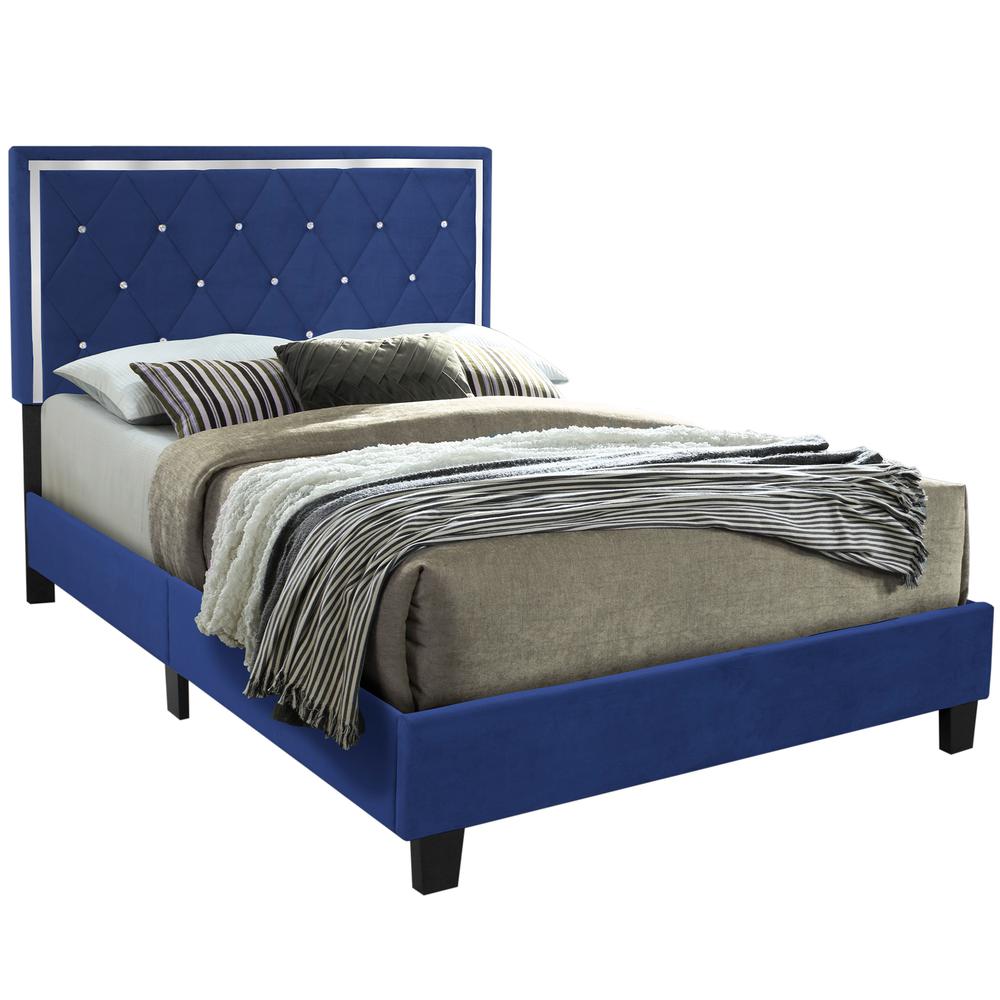 Better Home Products Monica Velvet Upholstered Queen Platform Bed in Blue. Picture 1