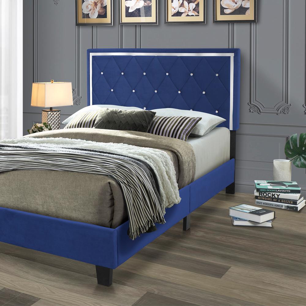 Better Home Products Monica Velvet Upholstered Queen Platform Bed in Blue. Picture 2