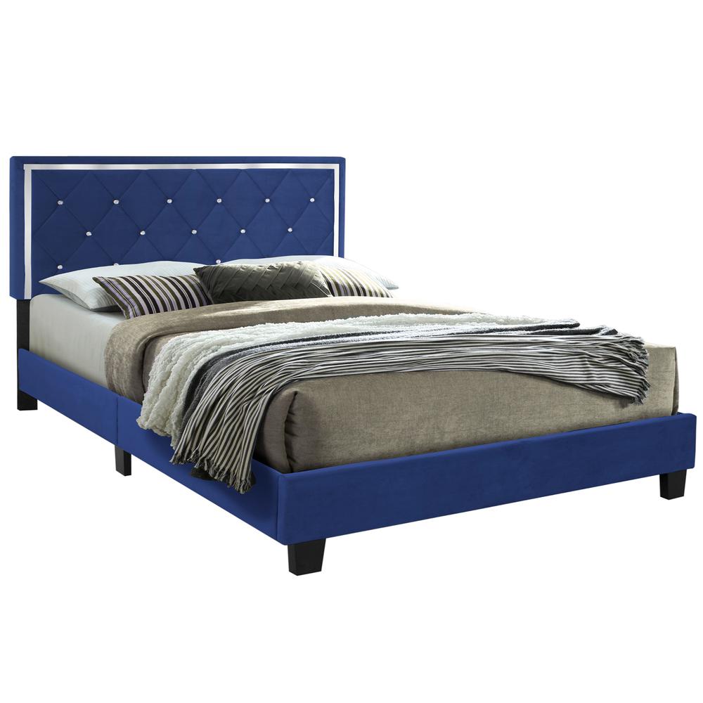 Better Home Products Monica Velvet Upholstered King Platform Bed in Blue. Picture 1