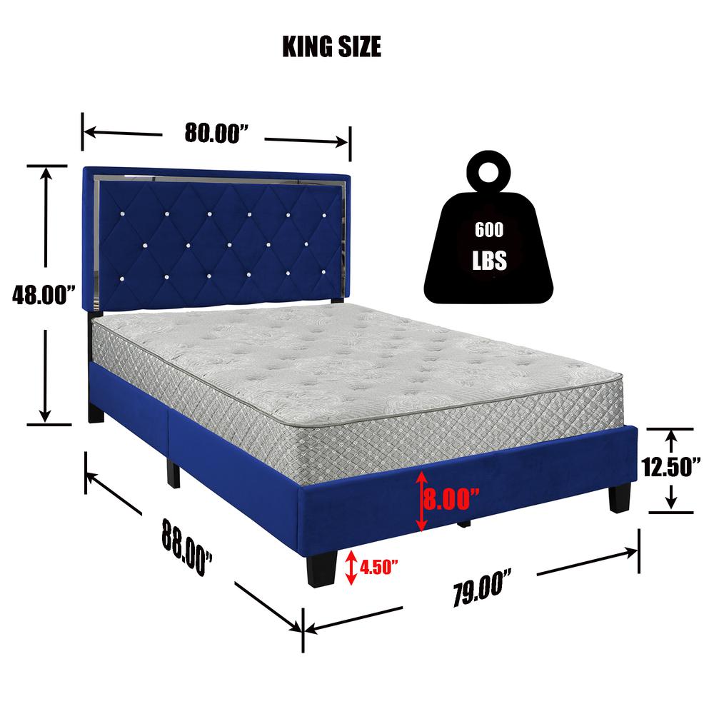 Better Home Products Monica Velvet Upholstered King Platform Bed in Blue. Picture 2