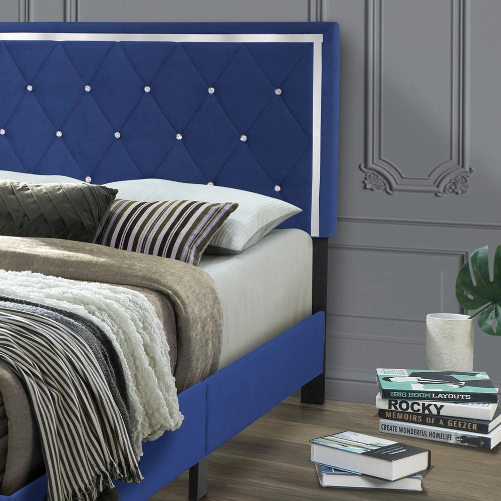 Better Home Products Monica Velvet Upholstered King Platform Bed in Blue. Picture 3