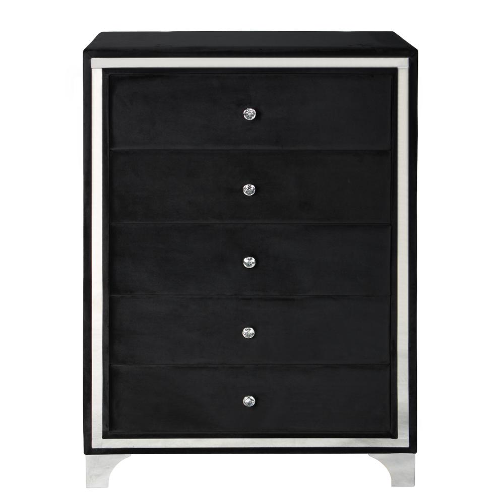 Better Home Products Monica Velvet Upholstered 5 Drawer Chest Dresser in Black. Picture 2