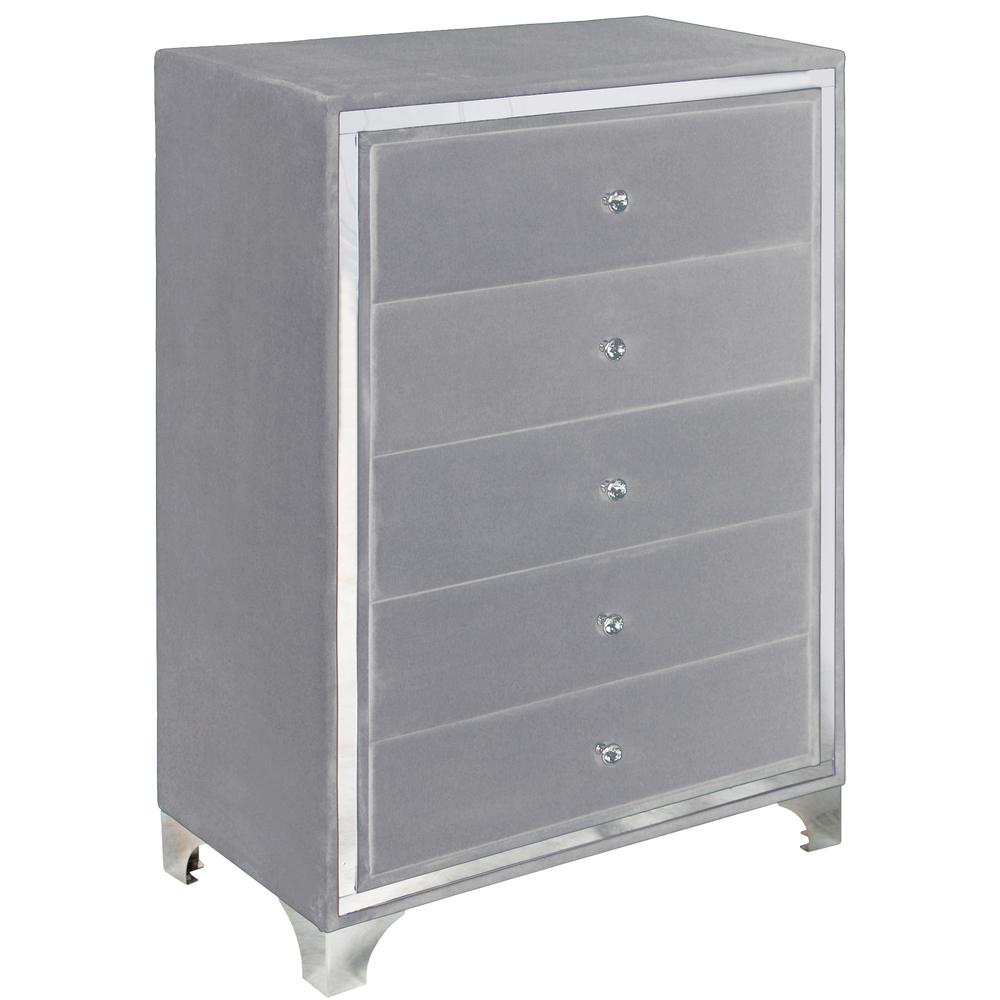 Better Home Products Monica Velvet Upholstered 5 Drawer Chest Dresser in Gray. Picture 1