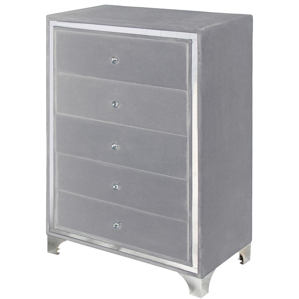 Better Home Products Monica Velvet Upholstered 5 Drawer Chest Dresser in Gray. Picture 4