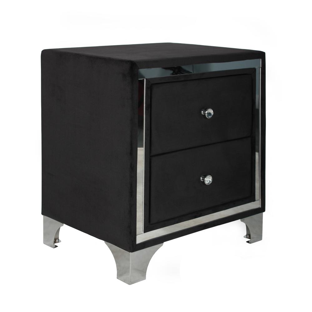 Better Home Products Monica Velvet Upholstered 2 Drawer Nightstand in Black. Picture 1