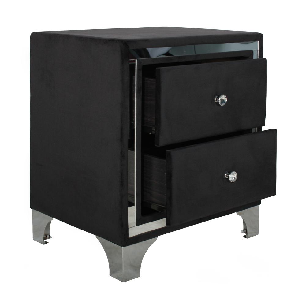 Better Home Products Monica Velvet Upholstered 2 Drawer Nightstand in Black. Picture 3