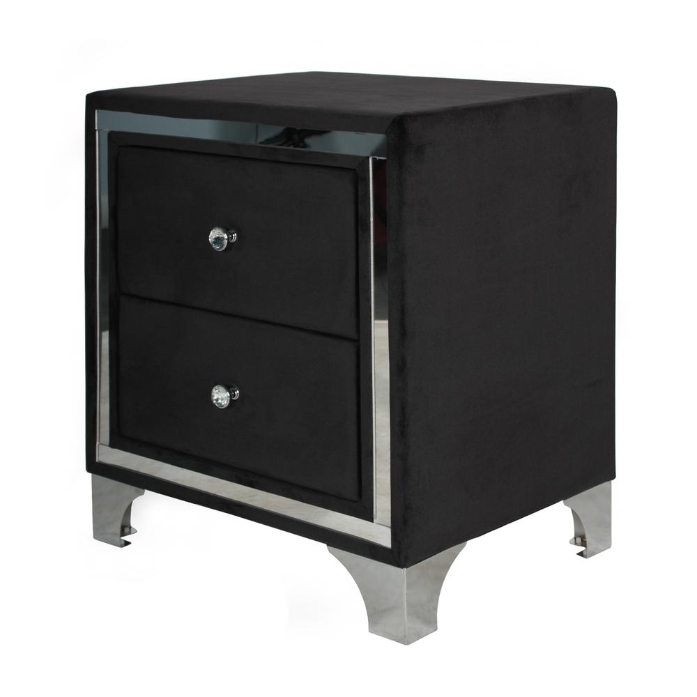 Better Home Products Monica Velvet Upholstered 2 Drawer Nightstand in Black. Picture 6