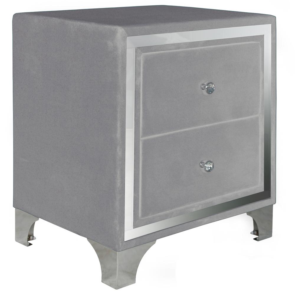 Better Home Products Monica Velvet Upholstered 2 Drawer Nightstand in Gray. Picture 1