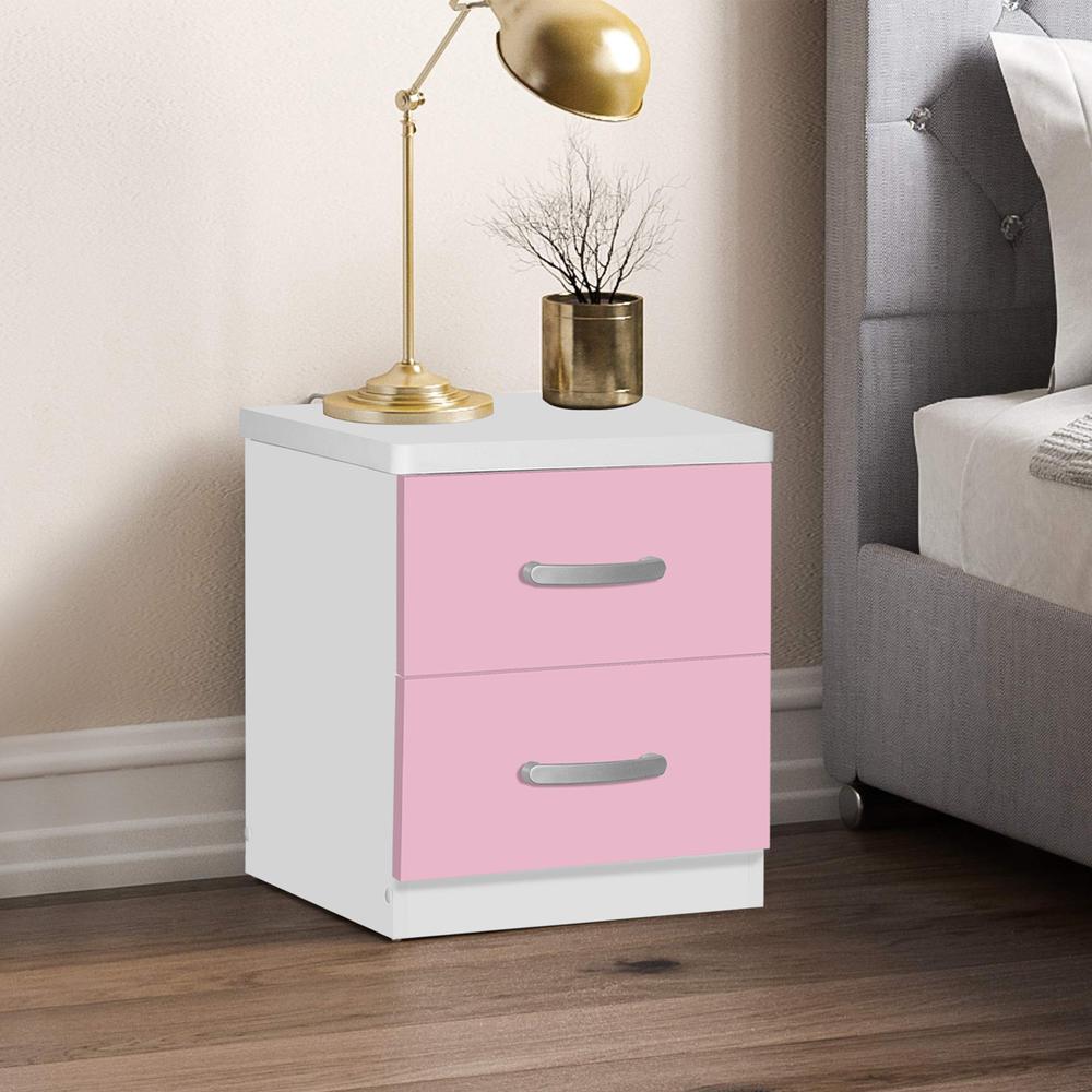 Better Home Products Cindy Faux Wood 2 Drawer Nightstand in Pink & White. Picture 9