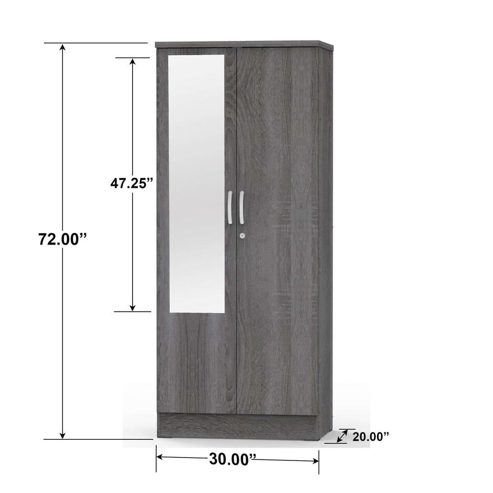 Better Home Products Harmony Two Door Armoire Wardrobe with Mirror in Gray. Picture 3