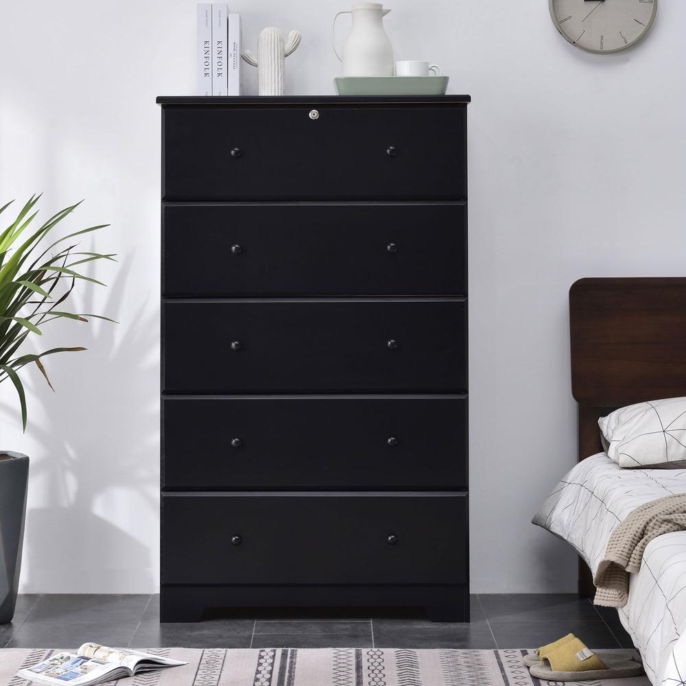 Better Home Products Isabela Solid Pine Wood 5 Drawer Chest Dresser in Black. Picture 3