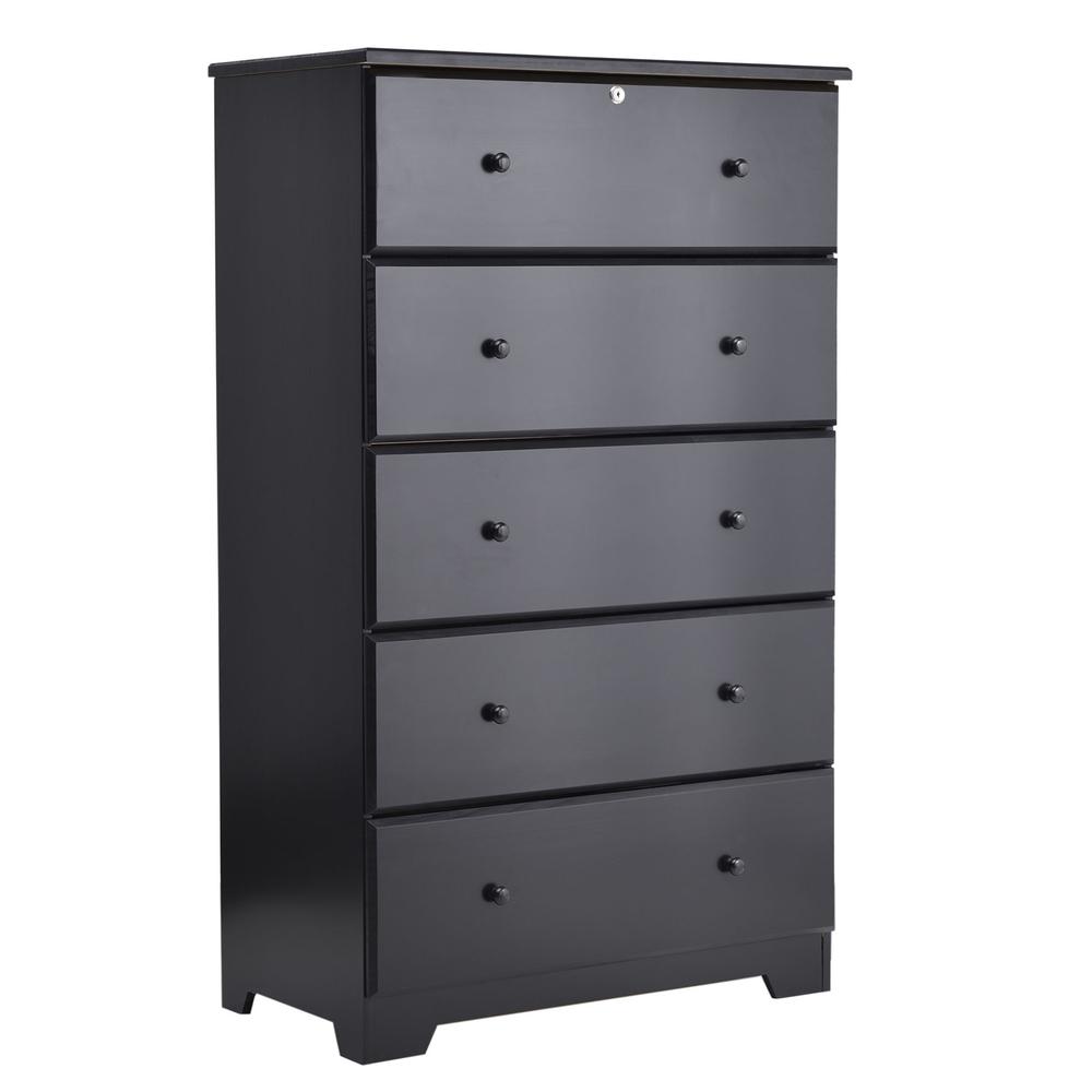Better Home Products Isabela Solid Pine Wood 5 Drawer Chest Dresser in Black. Picture 1