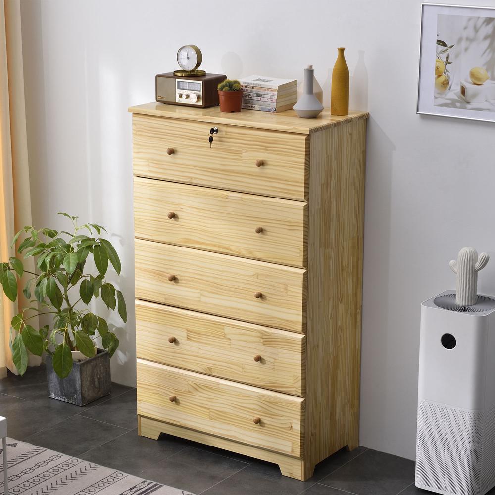Better Home Products Isabela Solid Pine Wood 5 Drawer Chest Dresser in Natural. Picture 5
