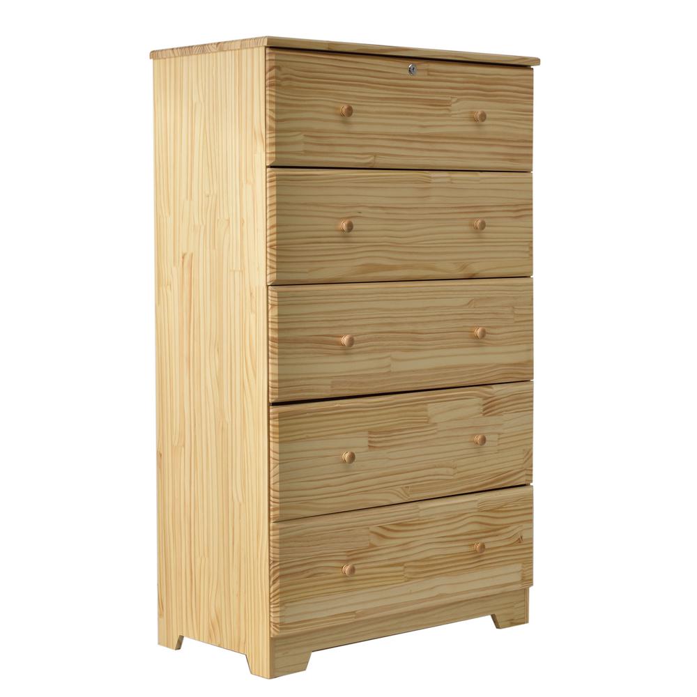 Better Home Products Isabela Solid Pine Wood 5 Drawer Chest Dresser in Natural. Picture 1