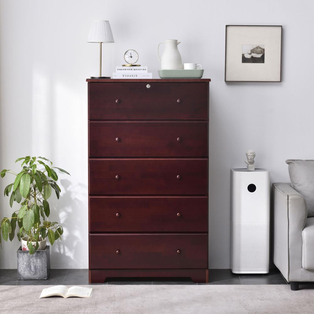 Better Home Products Isabela Solid Pine Wood 5 Drawer Chest Dresser in Mahogany. Picture 2