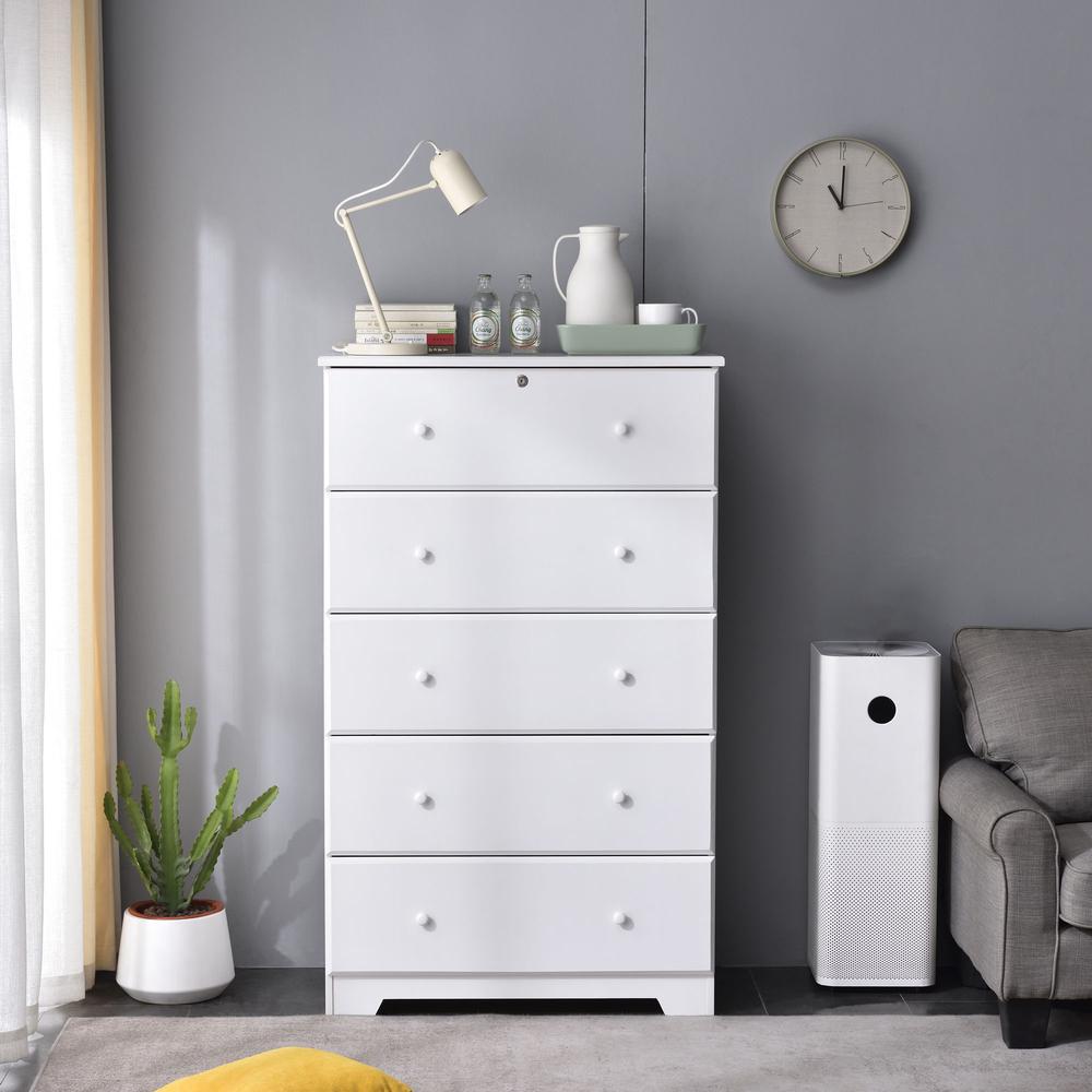 Better Home Products Isabela Solid Pine Wood 5 Drawer Chest Dresser in White. Picture 3