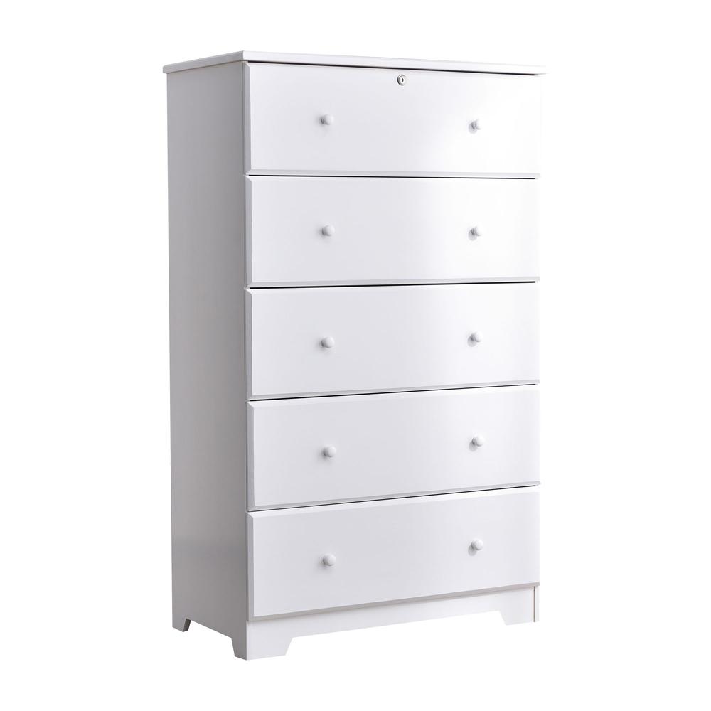 Better Home Products Isabela Solid Pine Wood 5 Drawer Chest Dresser in White. Picture 1