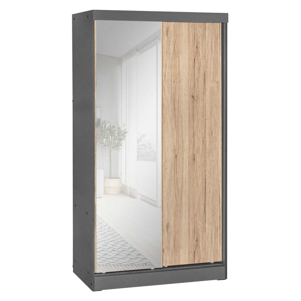 Better Home Products Mirror Wood Double Sliding Door Wardrobe Natural Oak /Gray. Picture 1