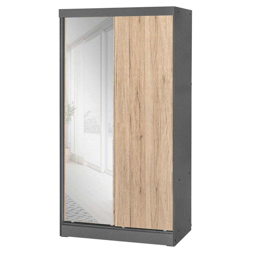 Better Home Products Mirror Wood Double Sliding Door Wardrobe Natural Oak /Gray. Picture 3