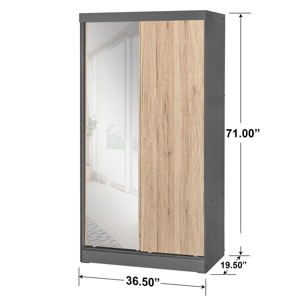 Better Home Products Mirror Wood Double Sliding Door Wardrobe Natural Oak /Gray. Picture 5