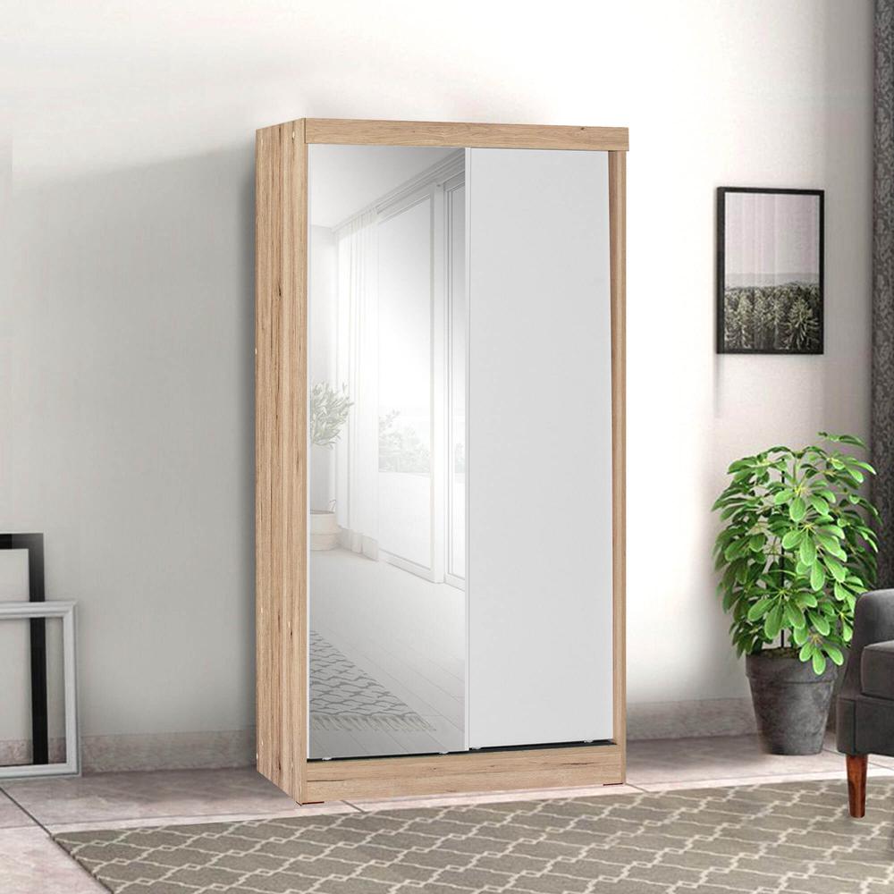 Better Home Products Mirror Wood Double Sliding Door Wardrobe White /Natural Oak. Picture 7