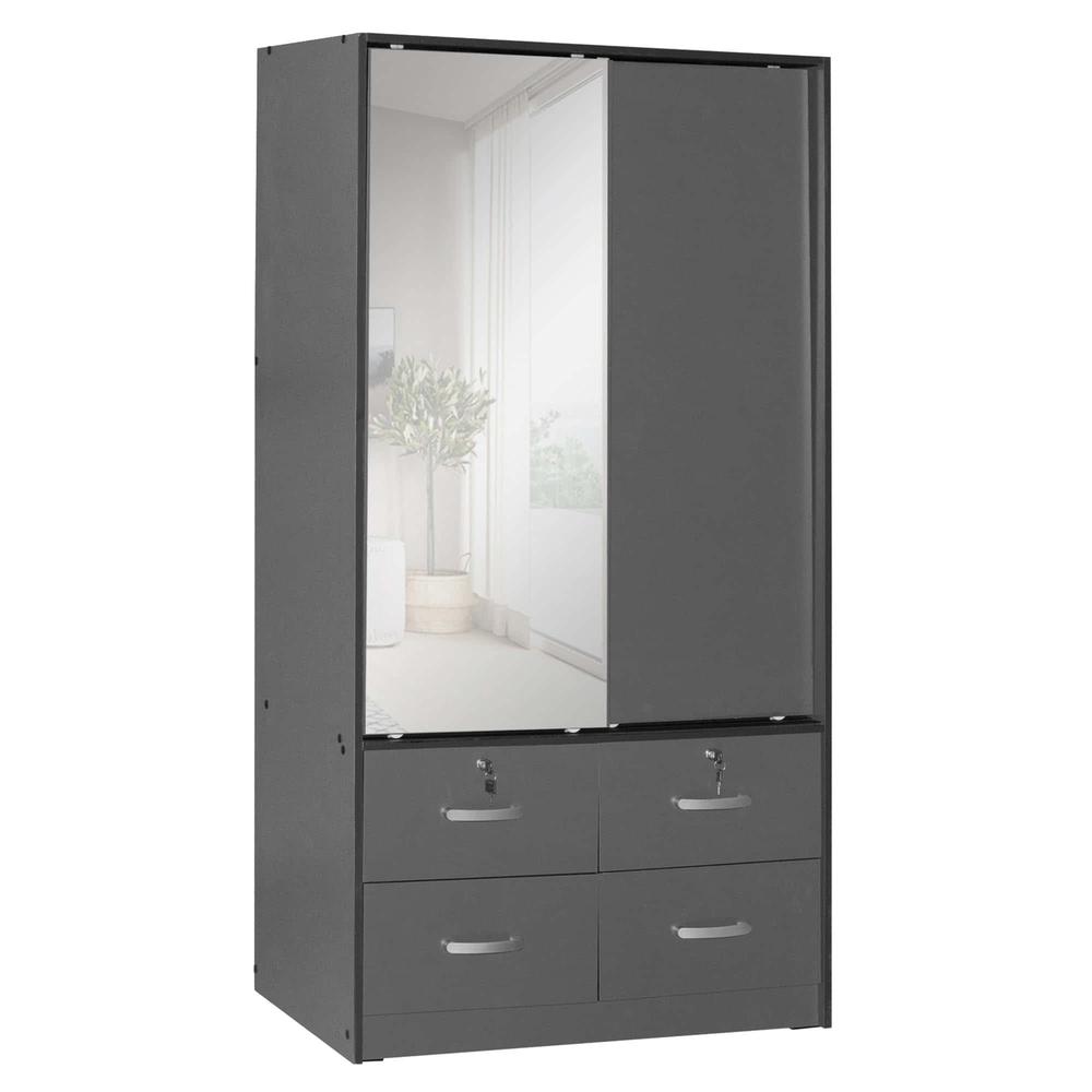 Better Home Products Sarah Double Sliding Door Armoire with Mirror in Dark Gray. Picture 1